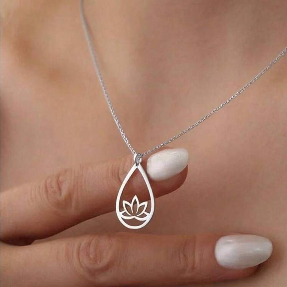 Anthropologie Silver Lotus Teardrop Pendant Necklace